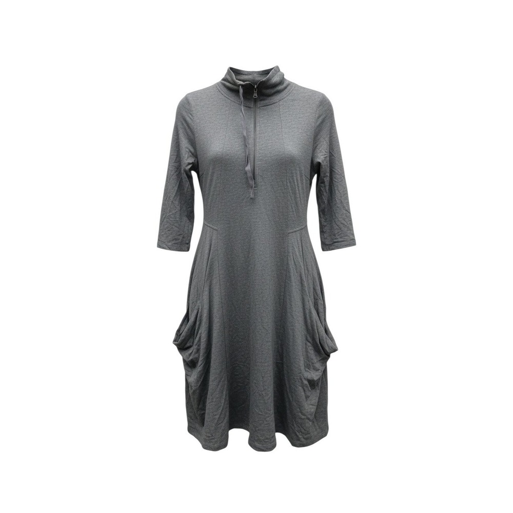 Haani Zip Neck Dress Womens Small Gray 3/4 Sleeve Draped Pockets Knit A-Line